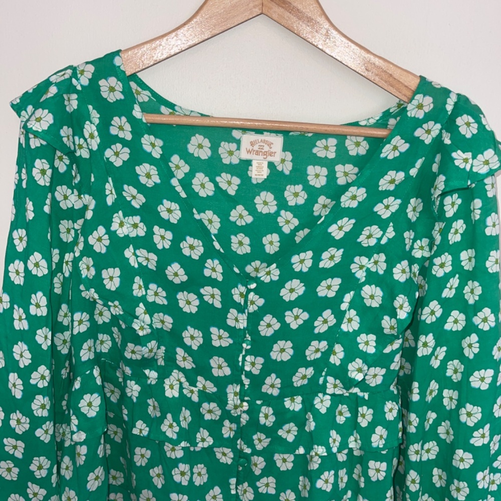 Wrangler Billabong Green and White Floral Loose Fit Cropped Blouse Top Size Med - Picture 4 of 7